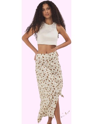 Kadın Shally Dokuma Çiçekli Yırtmaçlı A Line Viskoz Midi Etek Günlük Kullanım Modern Tasarım