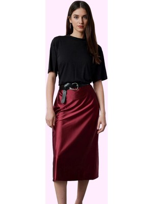 Kadın Saten Etek Midi Boy A Kesim Beli Lastikli Yırtmaçlı Günlük ve Özel Günler Için Hafta Sonu