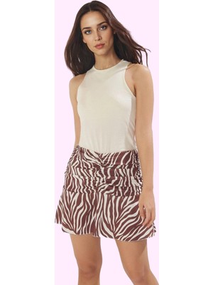 Kadın Mini Örme Etek Zebra Desenli Büzgü Detayı Kalem Yaz Günlük Kullanım Kaliteli Malzeme