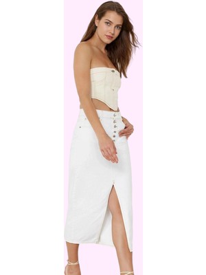 Kadın Pamuk Denim Midi Etek Yırtmaçlı A Line Kalıp Günlük Şıklık Yaz Aylarının Vazgeçilmezi