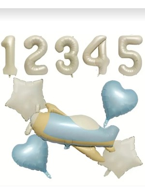 Bkmc Party Retro Uçak Krem Yıldız ve Mavi Kalp Folyo Balonlu Krem Rakam Balonlu Doğum Günü Parti Seti Süsü