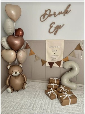 Retro Kalp Folyo Balonlu Retro Ayı Balonlu Rakam Krem Yaş Balonlu Doğum Günü Partş Seti Süsü