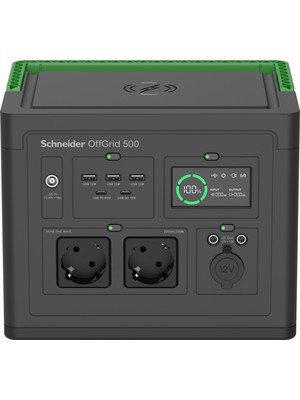 Schneider PPS500-GR Offgrid Portable Power Station 500, 230V, 517WH Lithium-Ion, Lcd, 2 Cee 7/3 Schuko Outlets, Sinewave, 3 Usb-A, 2 Usb-C, Wireless Charger