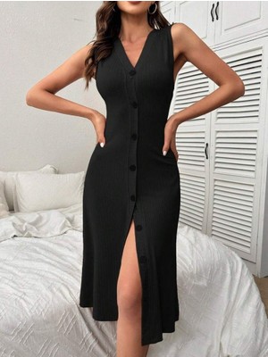 Nidam Butik Kadın V Yakalı Önden Düğmeli Kaşkorse Elbise