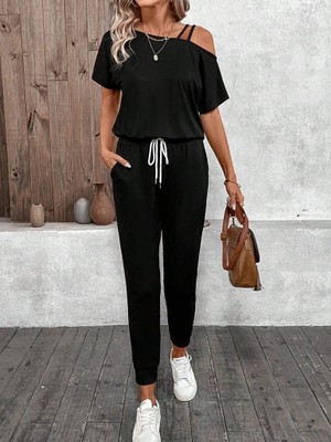 Aisha Elbise Kadın Tek Omuzdan Açık Viskon Iki Iplik Bluz Bağcıklı Pantolon Ikili Takım