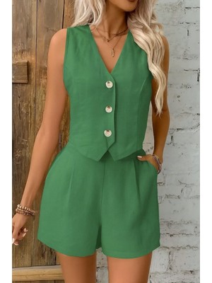Arben Boutique Kadın Kolsuz Askılı V Yakalı Önden Düğmeli Ithal Keten Ceket ve Short Ikili Takım