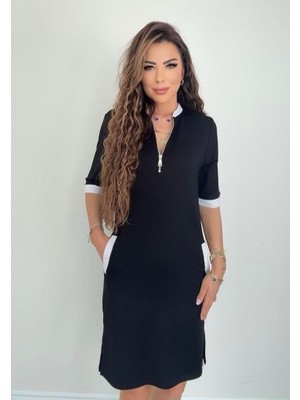 Arben Boutique Kadın Kısa Kollu Yakadan Fermuarlı Cepli Yandan Yırtmaçlı Viskon Elbise