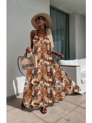 Arben Boutique Kadın Dijital Baskılı Suprem Kumaş Askılı Maxi Boy Elbise