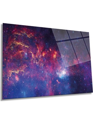 Kırmızı Mavi Galaksi Yatay Cam Tablo, Evren, Ev ve Ofis Duvar Dekoru, Lüks Hediyelik