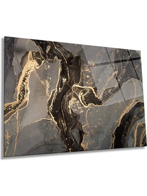 Kahverengi Simli Mermer Görünümlü Yatay Cam Tablo, Modern, Ev ve Ofis Duvar Dekoru, Lüks Hediyelik