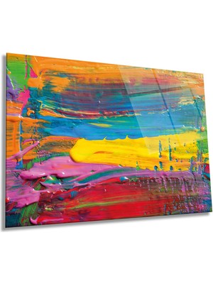 Renkli Fırça Darbeleri Görünümlü Yatay Cam Tablo, Modern, Ev ve Ofis Duvar Dekoru, Lüks Hediyelik