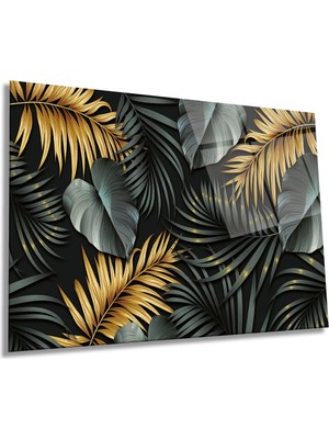 Gold Detaylı Büyük Yapraklar Yatay Cam Tablo, Doğa, Ev ve Ofis Duvar Dekoru, Lüks Hediyelik