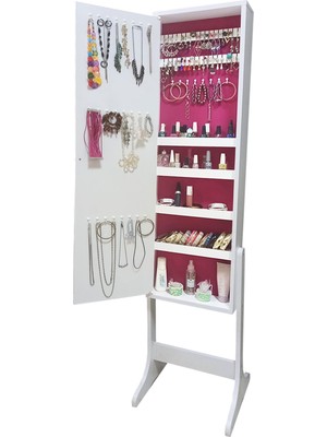 Number One -Yk- Demonte Ayaklı Aynalı Takı Dolabı Hediyelik Çok Amaçlı G-Beyaz K-Fuşya