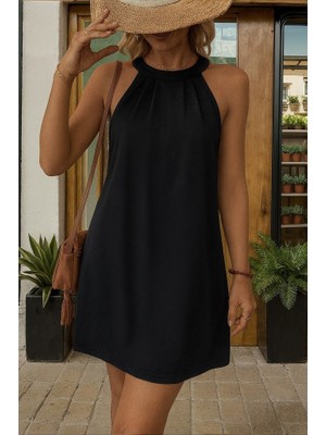 Arben Boutique Kadın Daire Yakalı Omuzlardan Açık Sırt Dantel Detaylı Janjan Krep Elbise