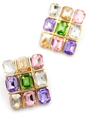 Kare Taşlı Küpe - Çok Renkli