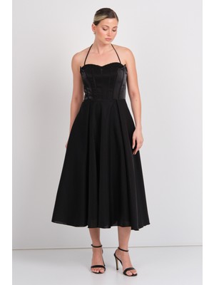 Saygın Kadın Boyundan Bağlamalı Taş Detaylı Midi Boy Abiye Elbise 5640 Siyah