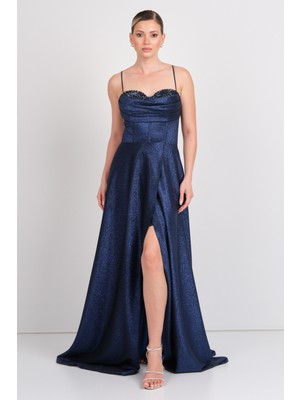 Hvit Vera Kadın Taş Işlemeli Askılı Maxi Abiye Elbise 5772 Lacivert