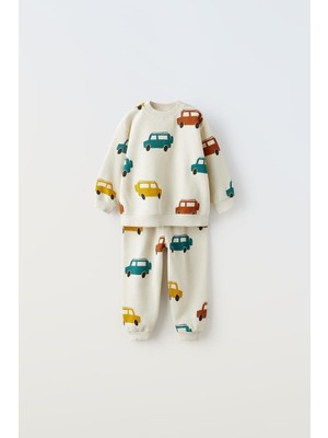 Erkek Çocuk Pamuklu Araba Desenli Sweatshirt ve Eşofman Altı Alt-Üst Takım - Günlük Takım