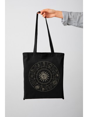 Junobi Siyah Bez Çanta – Güneş ve Astroloji Sembollü Kumaş Çanta – Boho Tarz – 35X40 cm