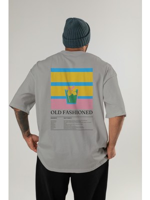 Old Fashioned Kokteyl Serisi Arka Baskılı Oversize T-Shirt Erkek Kadın %100 Pamuk Bisiklet Yaka Tişort