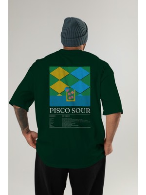 Pisco Sour Kokteyl Serisi Arka Baskılı Oversize T-Shirt Erkek Kadın %100 Pamuk Bisiklet Yaka Tişort