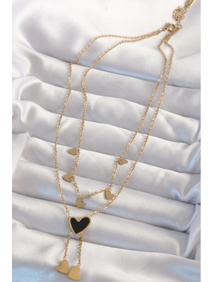 316L Çelik Gold Renk Mineli Çoklu Kalp Kolye