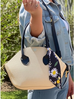 Fularlı Hasır Garnili El ve Omuz Çantası