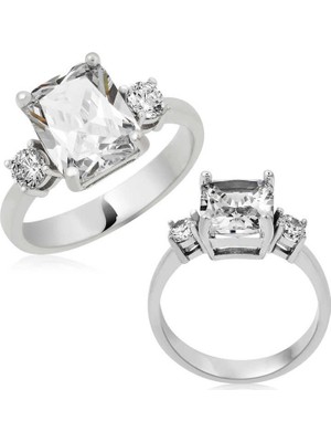 Gümüş Kare Montür Üç Taş Bayan Yüzük 12