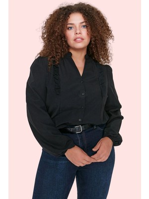 FRM Kadın Büyük Beden Gömlek Hakim Yaka Balon Kol Dokuma Kumaş Günlük Kullanım Kaliteli Malzeme