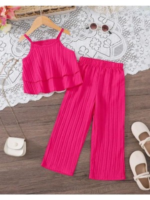 My Kids Wear Kız Çocuk Yazlık Takım Rahat ve Şık Desenli Pamuklu Kolsuz Model Pembe