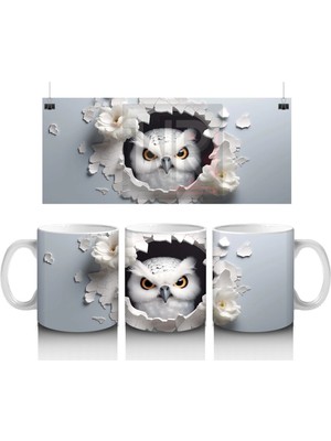 Beyaz Çiçekler Arasında Sarı Gözlü Baykuş – Baskılı Kahve Kupası