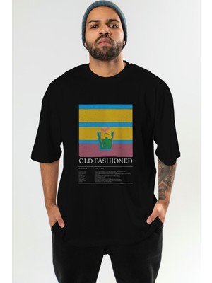 Old Fashioned Kokteyl Serisi Ön Baskılı Oversize T-Shirt Erkek Kadın %100 Pamuk Bisiklet Yaka Tişort