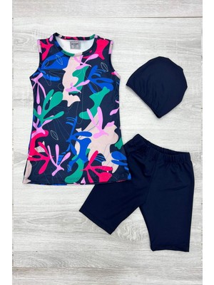 Üç Parça Kız Çocuk Kısa Şortlu Mayo