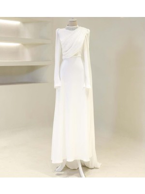 25Y4988 Hennin Abiye Elbise Yaka Inci Taş Detaylı Tek Omuz Pelerinli - Hennin - 25Y4988 - Beyaz - 42