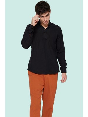 Erkek Slim Fit Hakim Yaka Pamuklu Keten Görünümlü Gömlek Günlük Kullanım Dayanıklı Malzeme