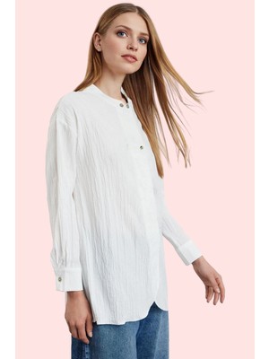 Kadın Keten Görünümlü Uzun Kollu Bisiklet Yaka Gömlek Dokuma Kumaş Günlük Kullanım Hafta Sonu