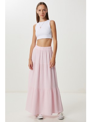 Volanlı Yazlık Müslin Etek LKT0005 Şeker Pembe