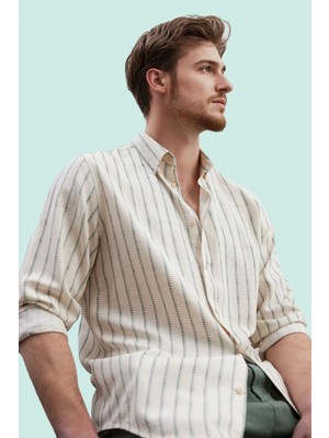 Erkek Basic Siluet Uzun Kollu Çizgili Gömlek Keten Karışımlı Rahat Günlük Kombinler Hafta Sonu