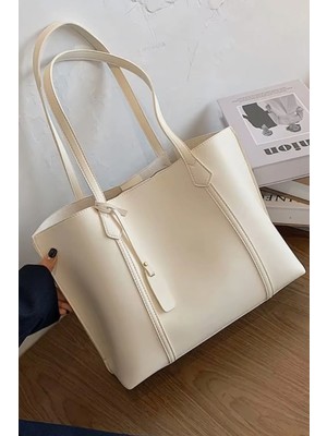 Krem  Kadın Üç Bölmeli Deri Görünümlü Shopper  El Ve Omuz Çanta 269