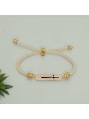 14 Ayar Plakalı Altın Kılıç Temalı Beyaz Örgü Ipli Dikdörtgen Figürlü Hediye BILEKLIK-413SEMBOL