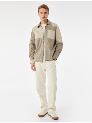 Pamuklu Cep Detaylı Renk Kontrastlı Klasik Yaka Uzun Kollu Fermuarlı Gömlek