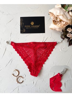 Intive Kırmızı Yanları Parlak Taşlı Şık Feminen Dantelli Kaliteli Ip G-String