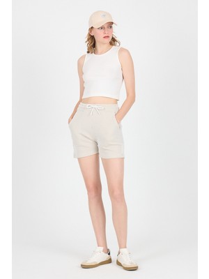 Bej Beli Lastikli Çizgili Dokuma Şort 4094