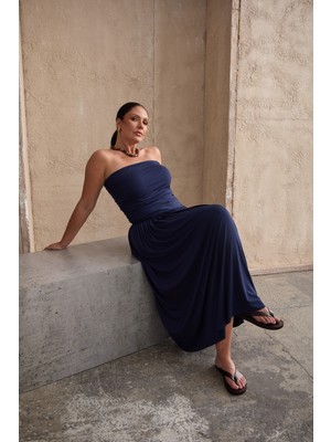 Rush Straplez Maxi Elbise Lacivert