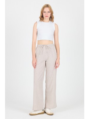 Bej Pamuklu Bel Lastikli Wide Leg/bol Paça Pantolon 4754A