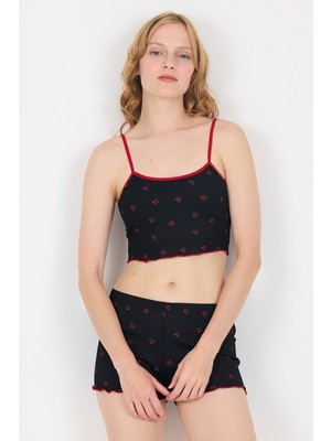 Siyah Kiraz Desenli Atlet Şort Takım 3403