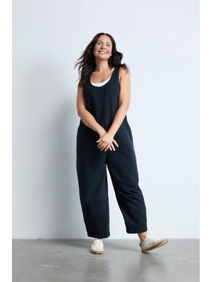 Luokk Morgane Büyük Beden Siyah Askılı Tulum %100 Pamuk Kolsuz U Yaka Rahat Stil
