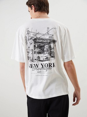 Xsıde Ekru Bisiklet Yaka New York Baskılı Penye Erkek Tişört