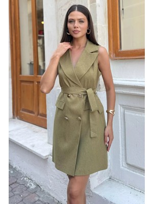 Kadın Kruvaze Yaka Gold Düğme Detaylı Elbise P-00017891