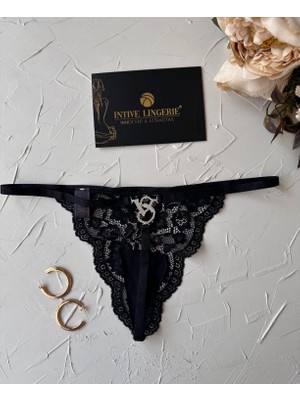 Intive Siyah Arkası Taşlı Vs Logolu Dantelli Kaliteli Ip G-String
